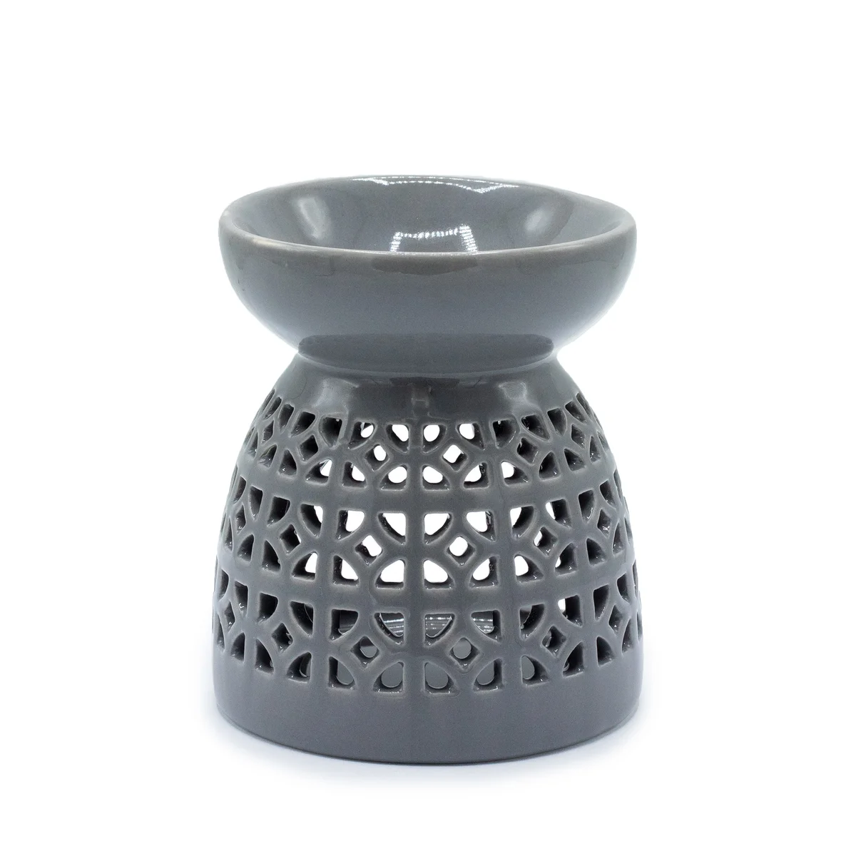 Grey oil burner featuring a classic Moroccan cutout pattern.