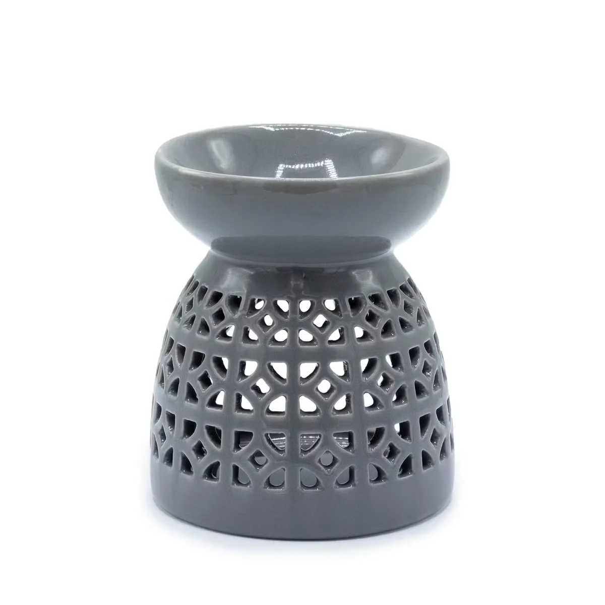 Classic grey decorative oil burner with Moroccan cutout design.