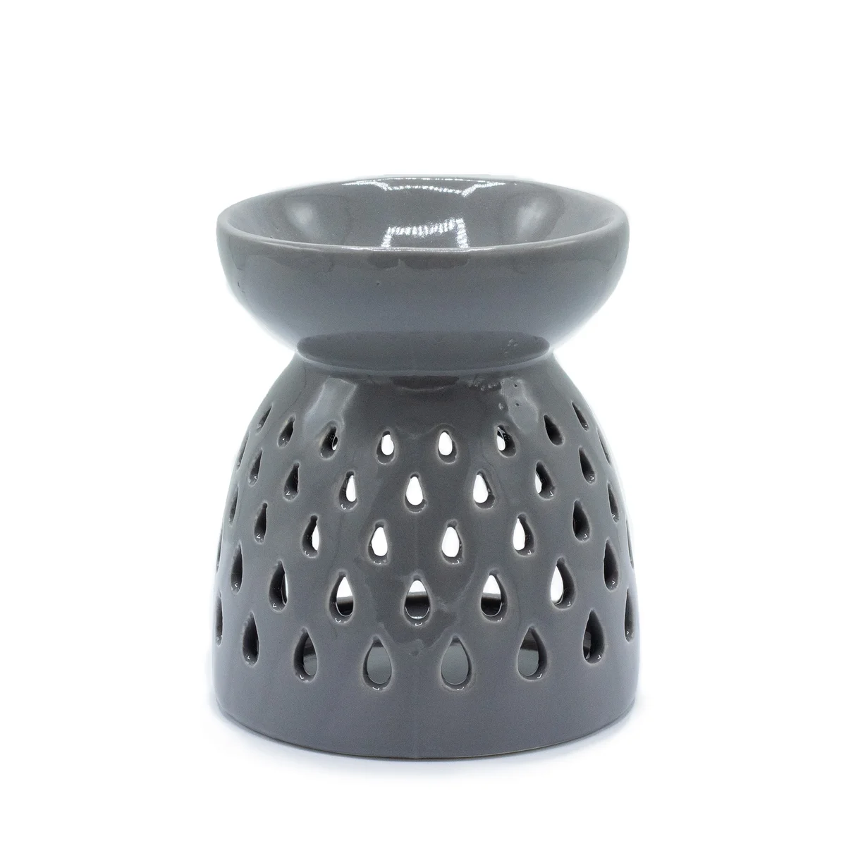 Grey oil burner with teardrop cutouts in a classic design.