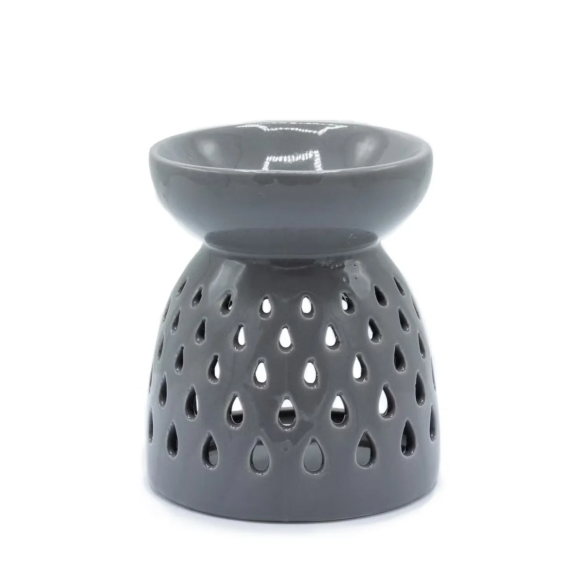 Classic grey oil burner with teardrop cutout for aromatherapy use.