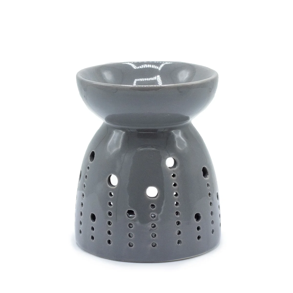 Classic oil burner in grey with bubbles cutout design.