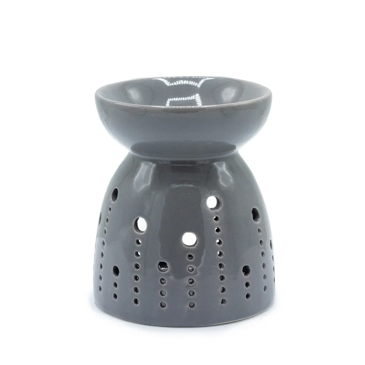 Classic grey oil burner with bubbles cutout design, sleek compact lamp.
