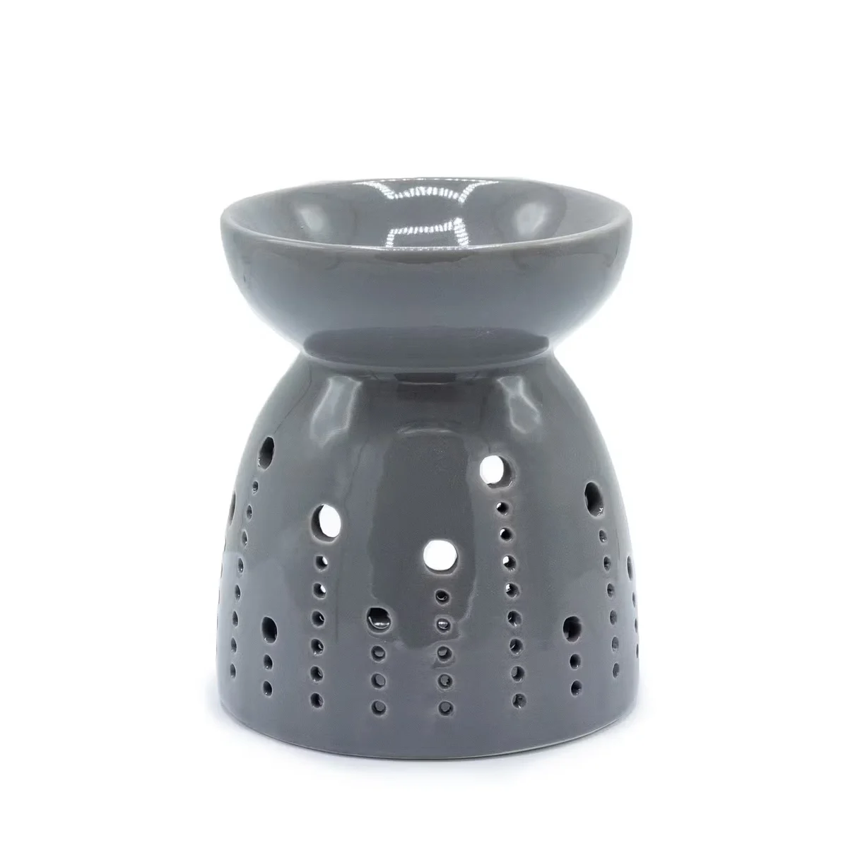 Grey aromatherapy oil burner with bubbles cutout, classic design, ready to use.