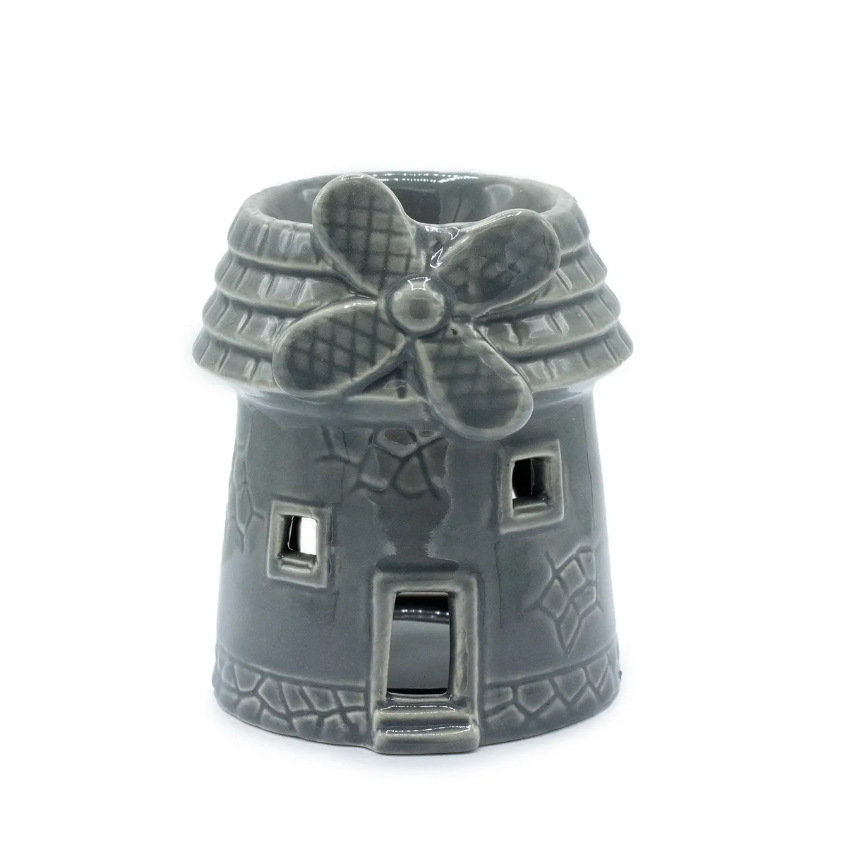 Grey oil burner shaped like a windmill, featuring a classic industrial design.