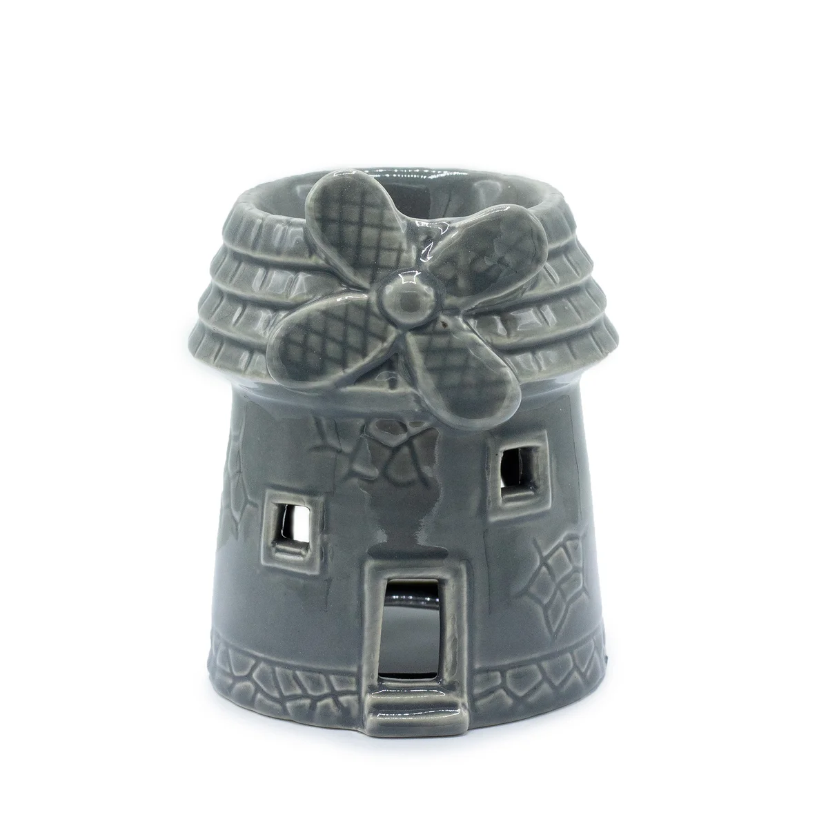 Grey windmill shaped decorative oil burner with metal body and glass reservoir
