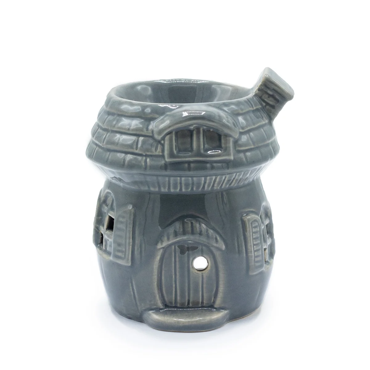 Grey ceramic oil burner shaped like a mushroom house.