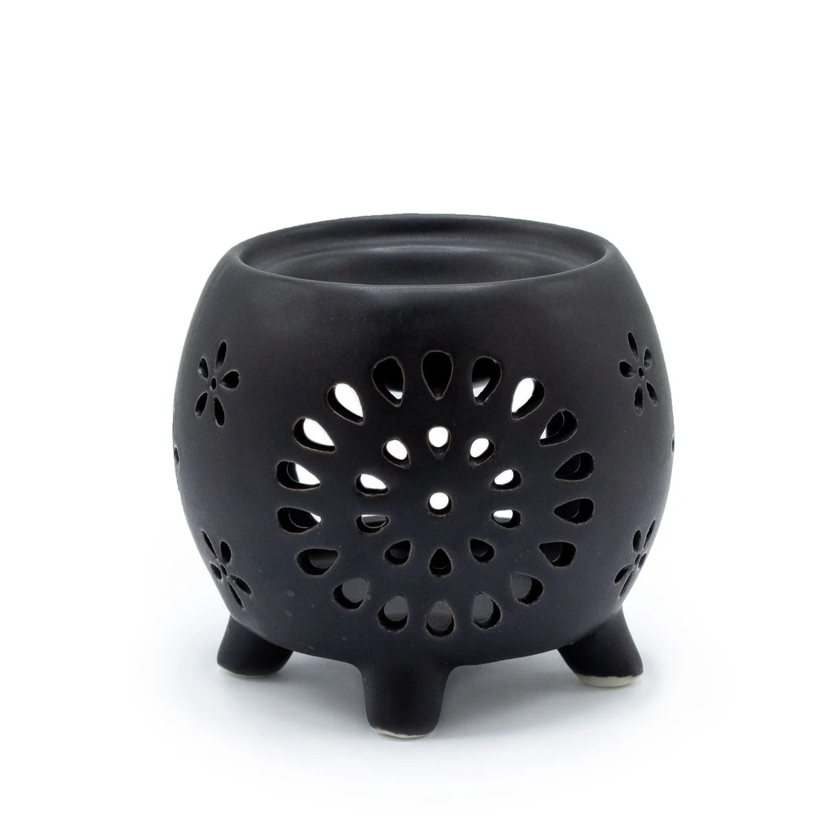 Squat pot oil burner matt black with subtle flower burst design, low profile and sleek matte finish.