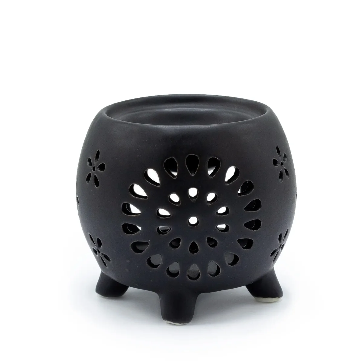 Squat pot oil burner in matte black with floral bloom design, flower burst oil burner