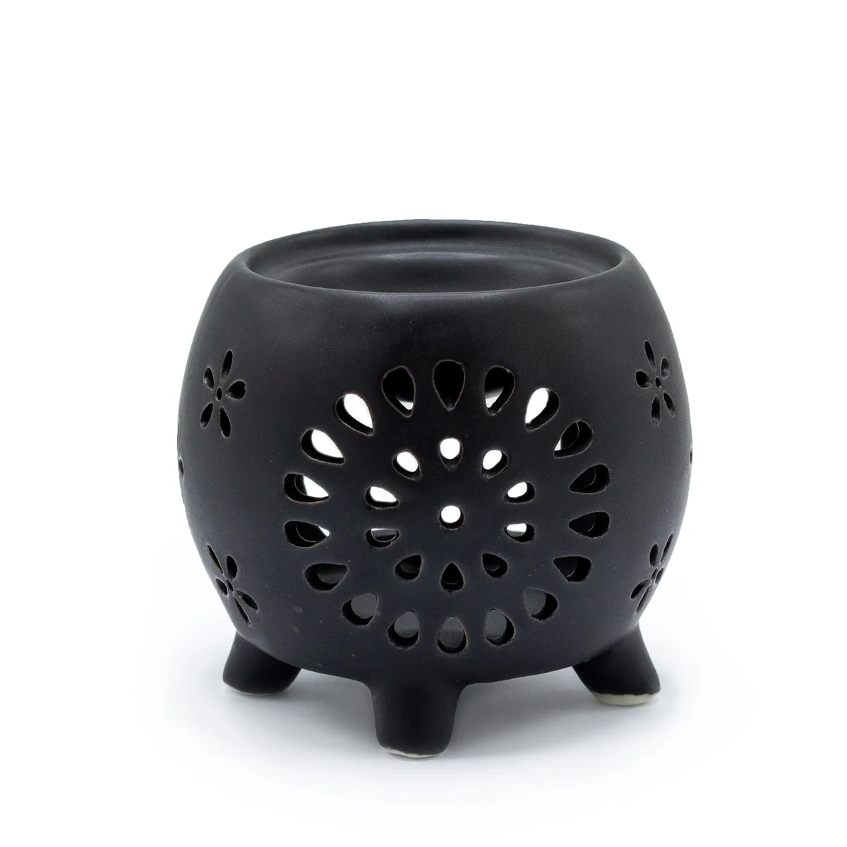 Matt black squat pot oil burner with flower burst design.