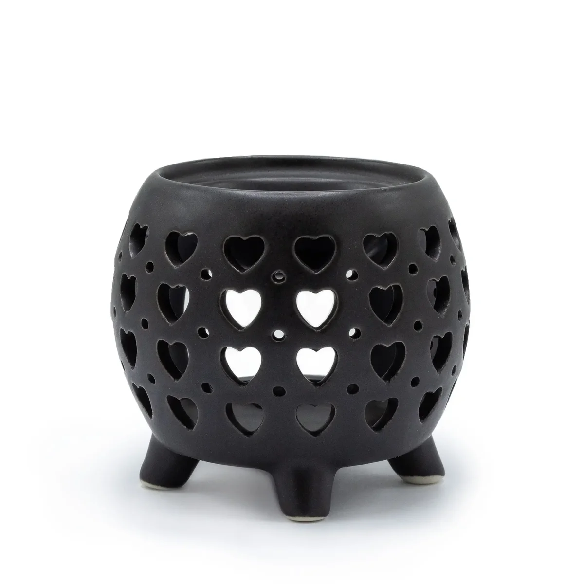 Squat pot oil burner in matt black, featuring multi hearts design.