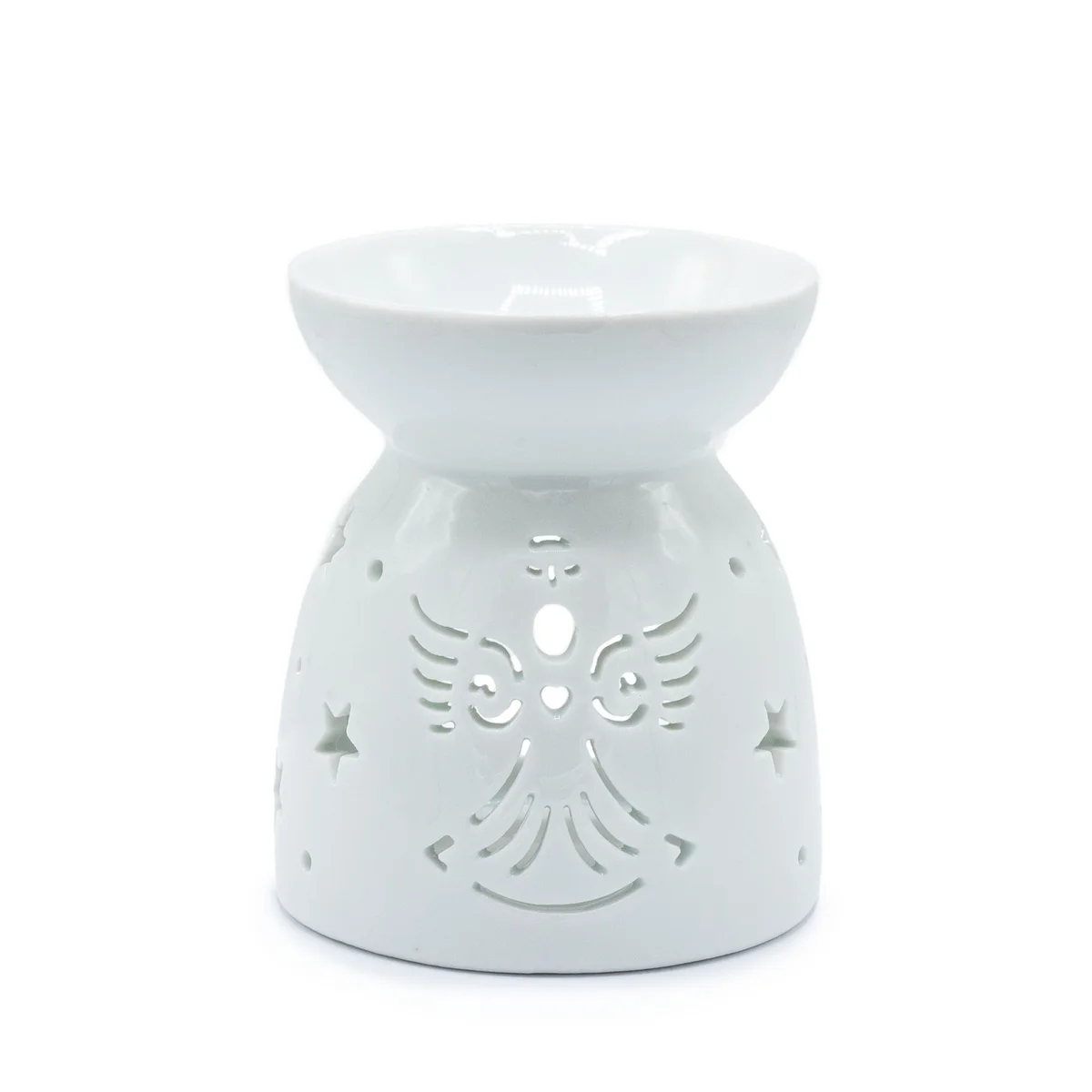 White angel oil burner cut‑out design, clear elegant oil burner on neutral background