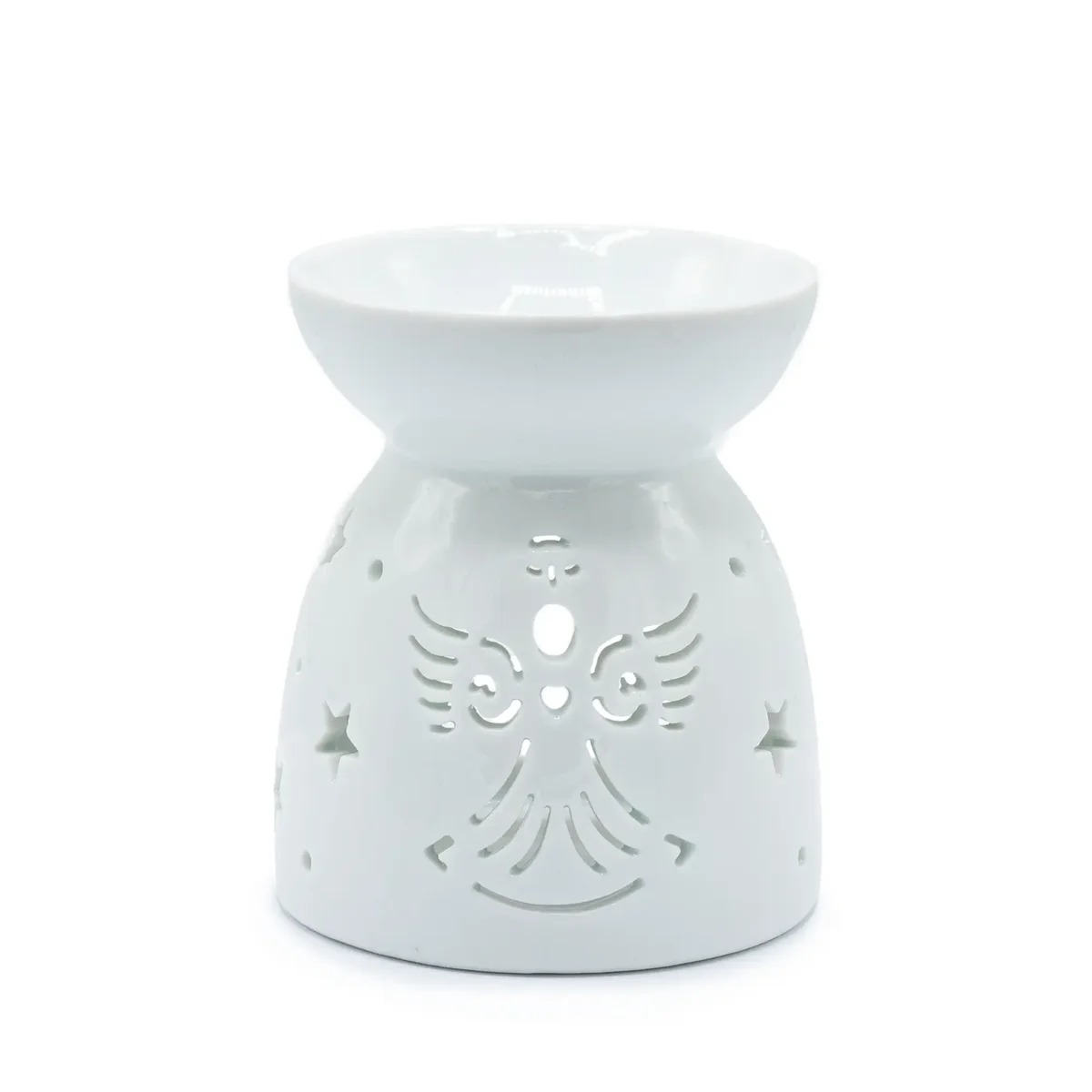 White angel oil burner with cut‑out design.