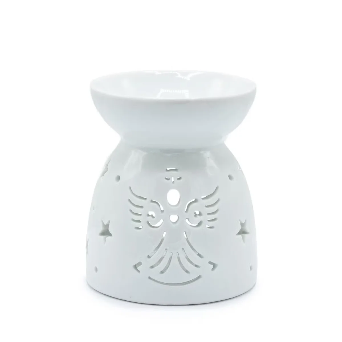 White angel cut‑out decorative oil burner, featuring intricate feathered design.