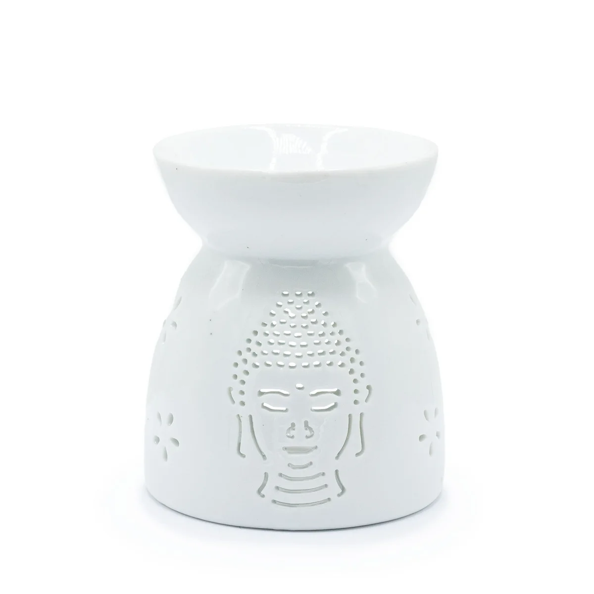 White Buddha oil burner cut out in white finish.