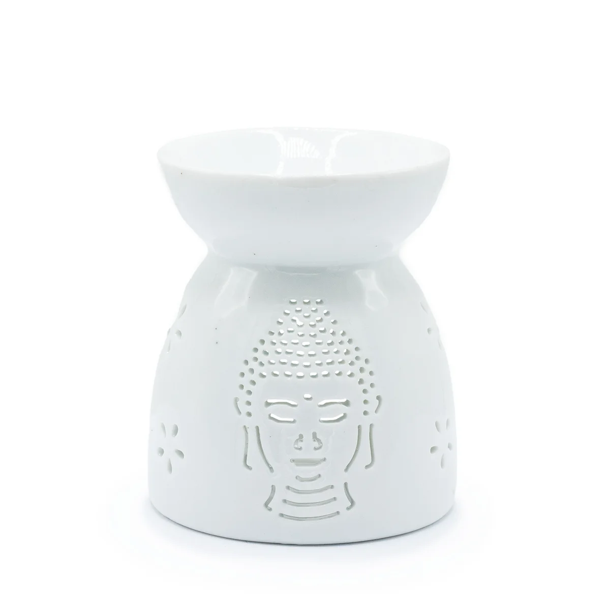 White oil burner with Buddha cut-out design for decorative lighting.