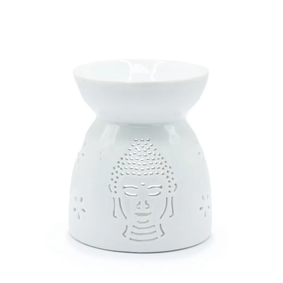 White ceramic oil burner shaped like a Buddha cut‑out with a smooth white finish.