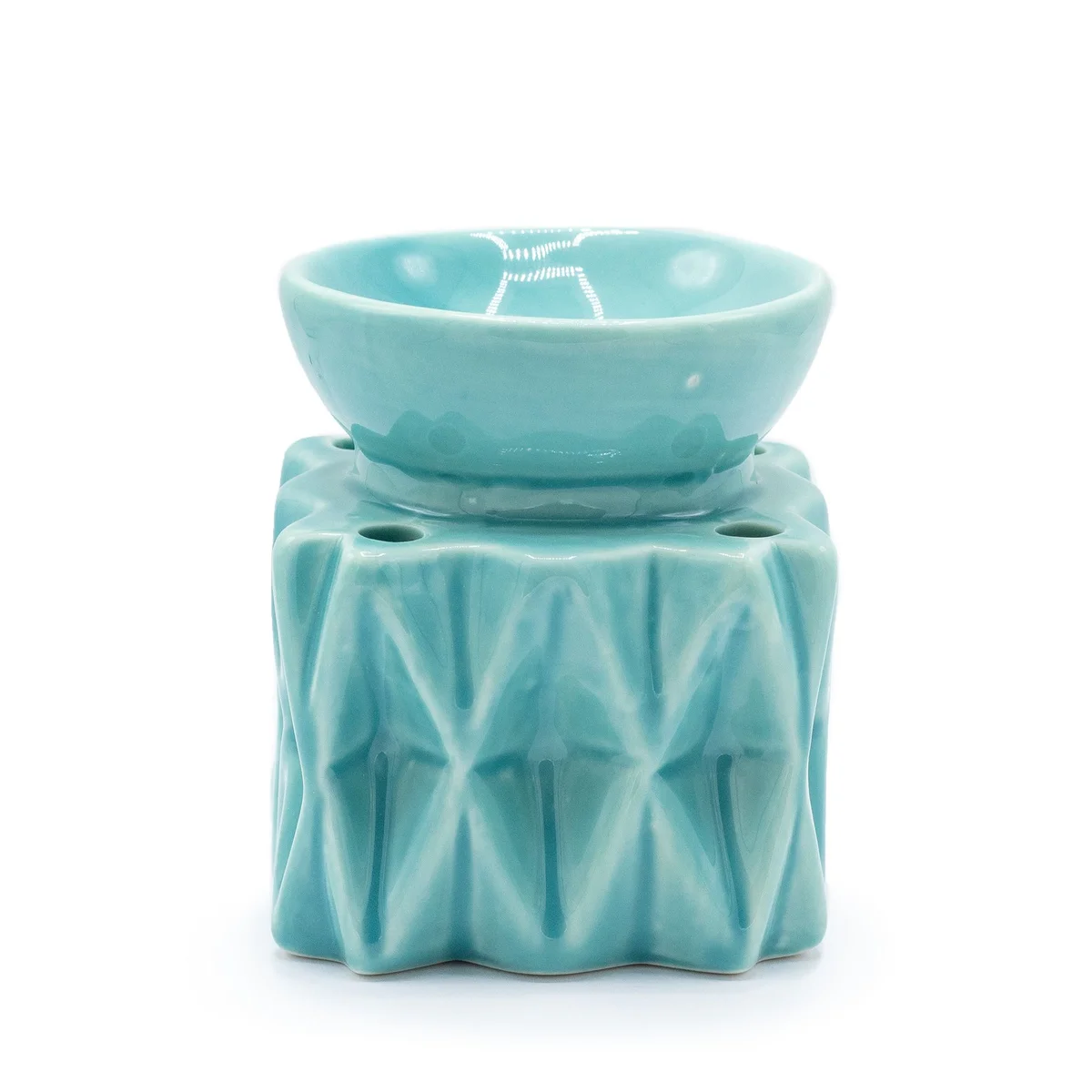 Blue geometric oil burner with a modern design for home fragrance and essential oils use