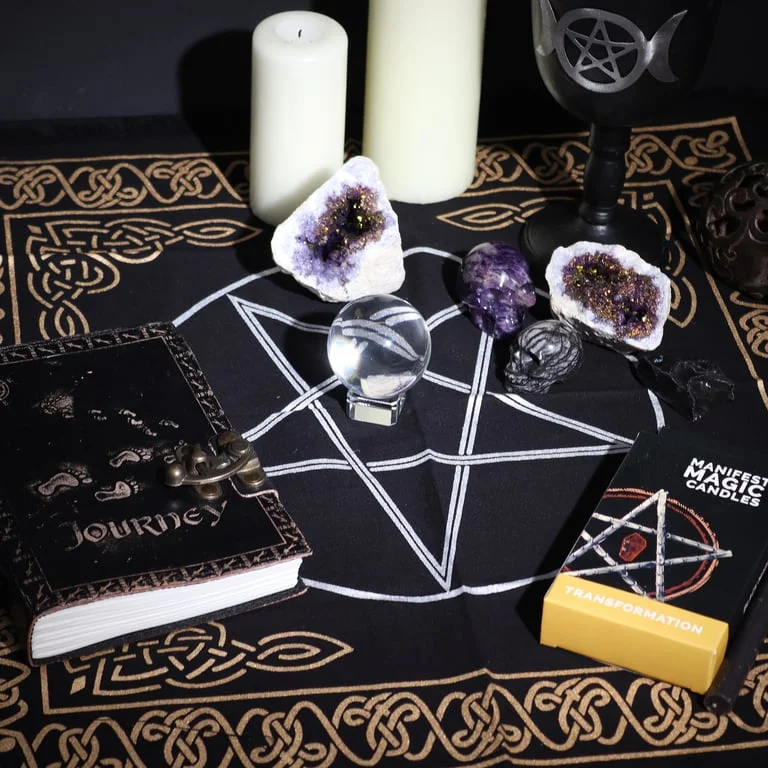Pentagon-shaped esoteric fringed altar cloth with decorative edges on a plain background