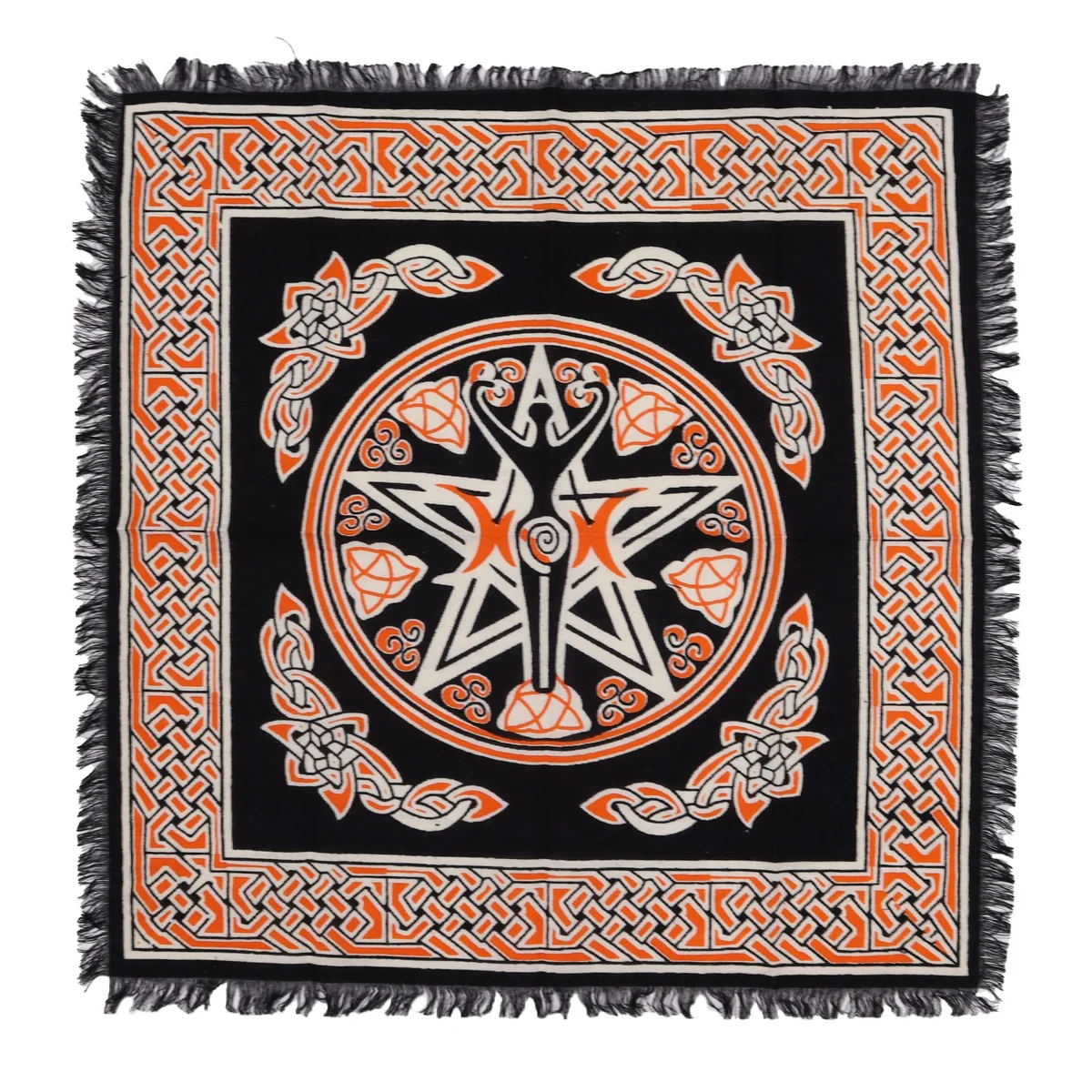 Fringed altar cloth with Earth Mother design featuring esoteric patterns and decorative tassels on edges