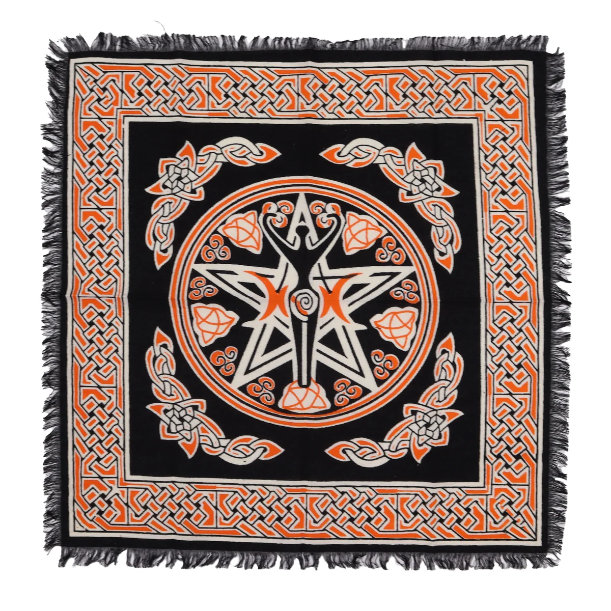 Esoteric fringed earth mother altar cloth with intricate designs and decorative tassels displayed flat