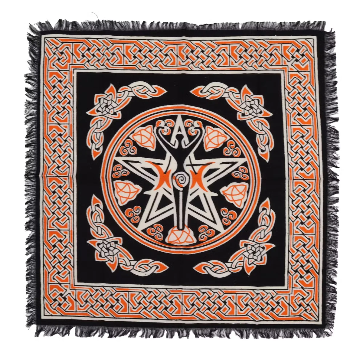 Esoteric Earth Mother fringed decorative cloth with intricate patterns and tassels on altar surface