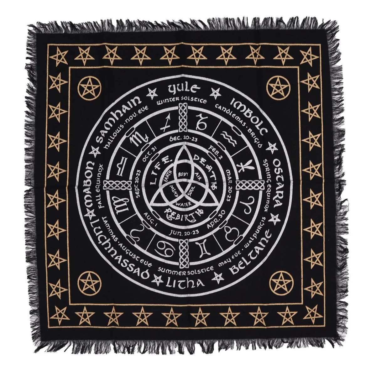 Esoteric altar cloth with fringed edges featuring life, death, and rebirth design on altar cloth fabric
