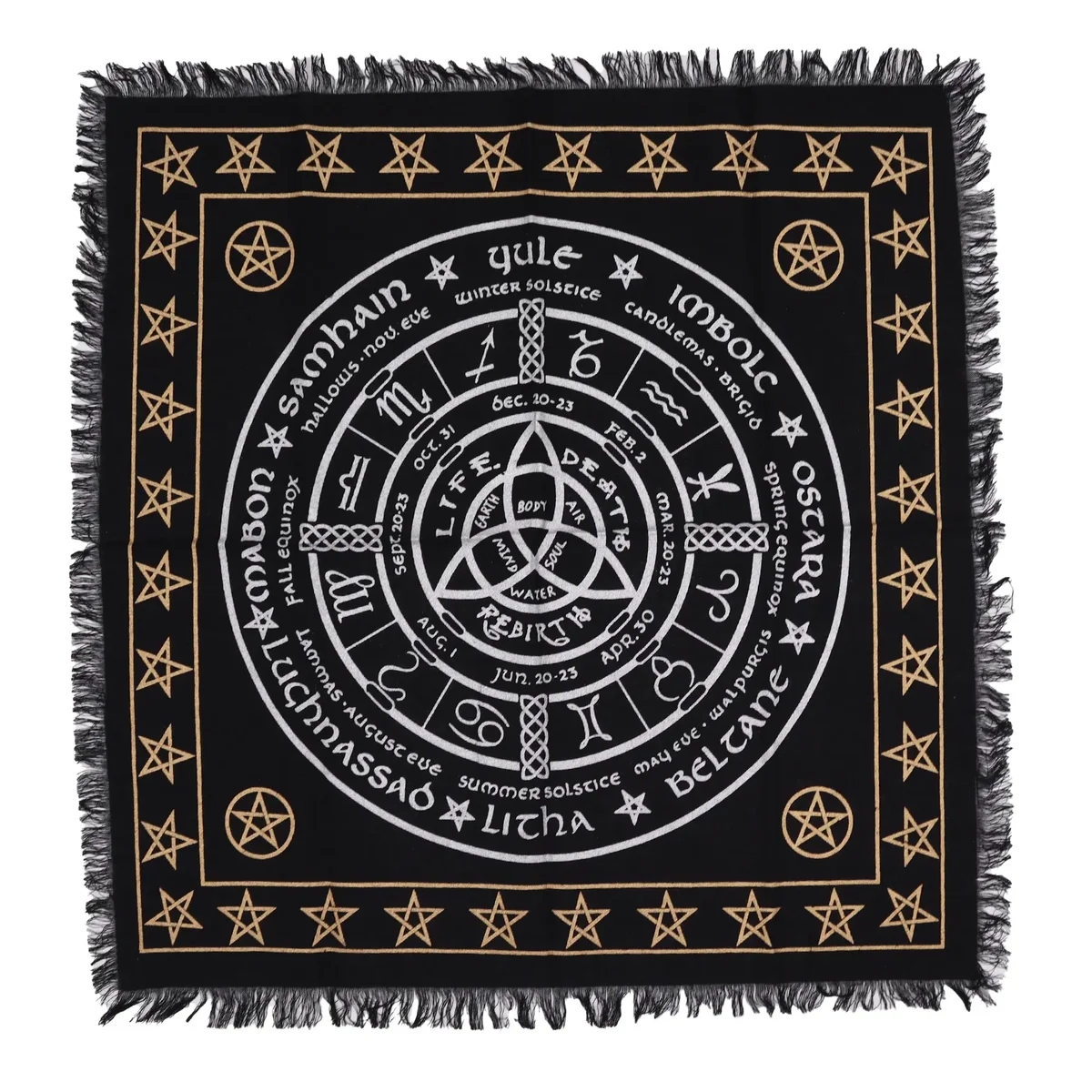 Fringed altar cloth with esoteric design featuring symbols of life, death, and rebirth in muted tones