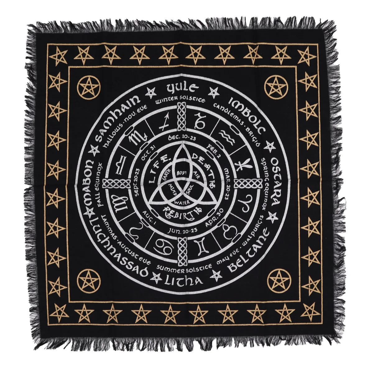 Esoteric fringed altar cloth featuring life death rebirth design with symbolic patterns and decorative edges