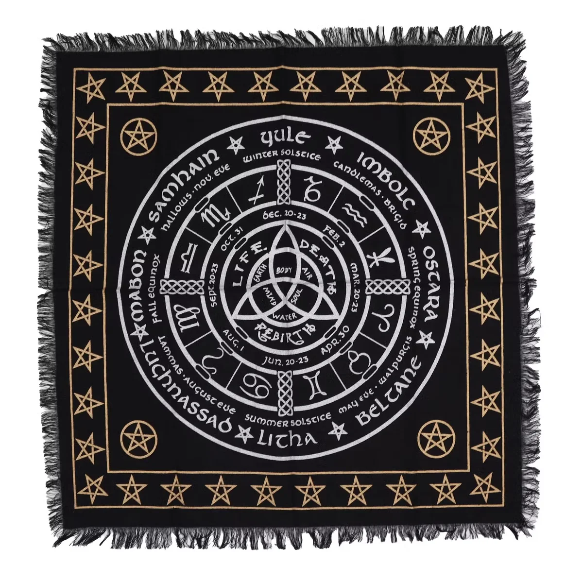 Esoteric fringed altar cloth with life death rebirth design, a spiritual altar textile in muted tones
