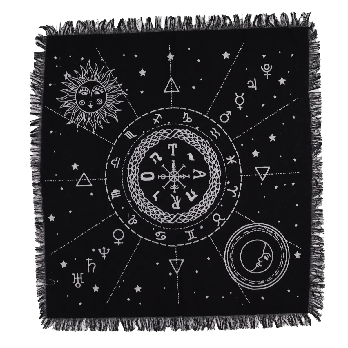 Esoteric altar cloth with fringed edges featuring a detailed moon and sun chart design on fabric