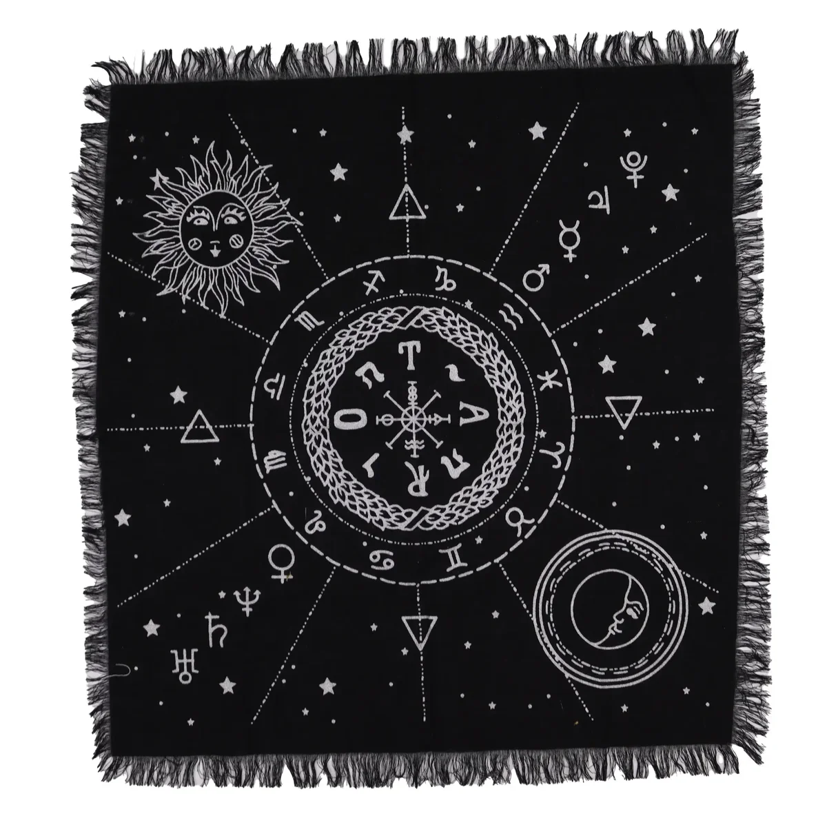 Esoteric fringed moon and sun altar cloth featuring detailed celestial chart design on fabric background