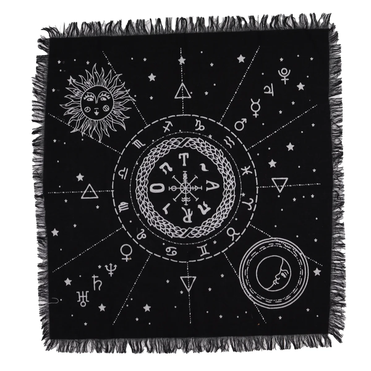 Fringed altar cloth featuring detailed moon and sun chart design with decorative tassels on edges
