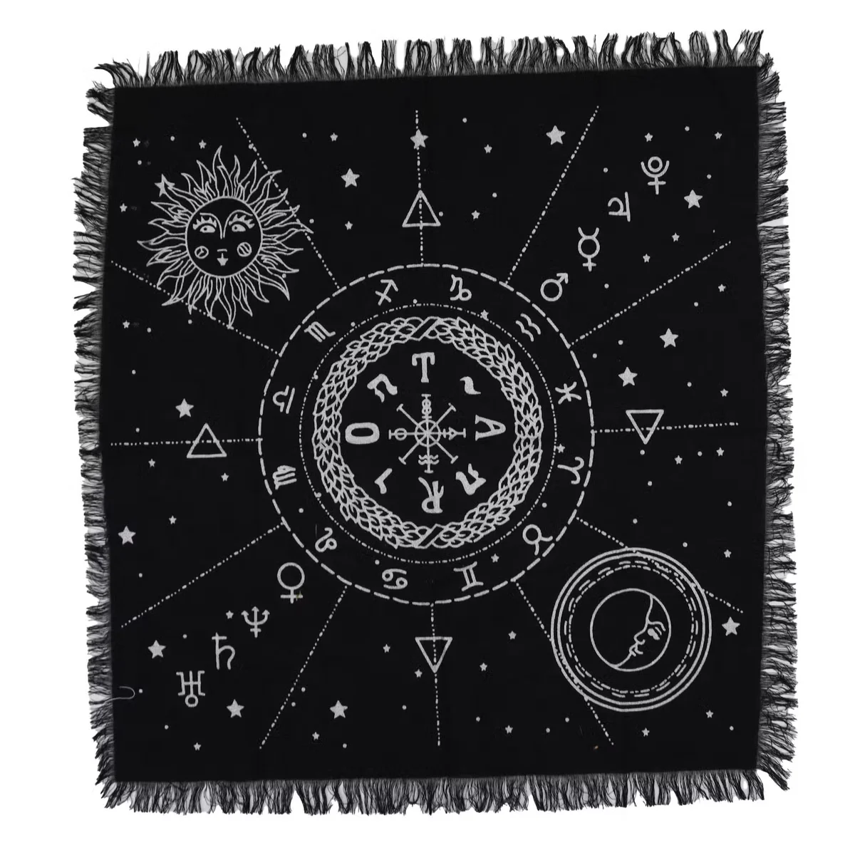 Esoteric fringed altar cloth with moon and sun chart design, ideal for esoteric home decor settings