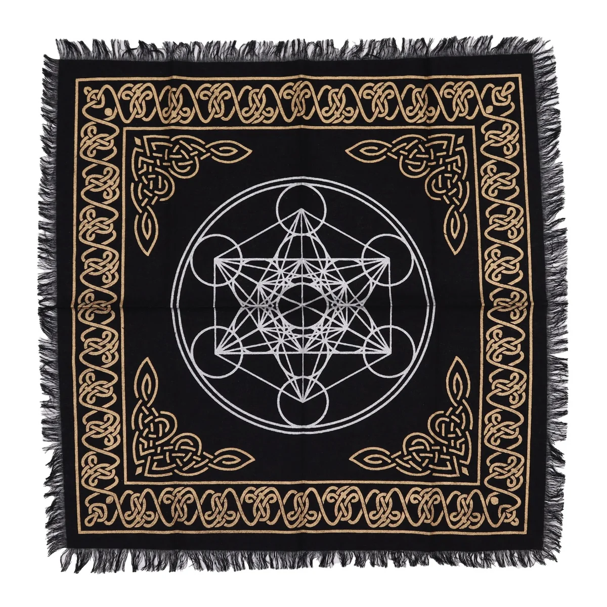 Esoteric fringed altar cloth featuring a colorful chakra chart design with fringe edges on all sides