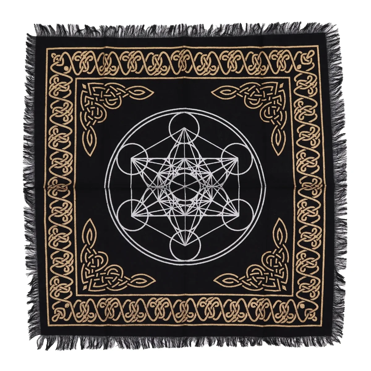 Esoteric fringed altar cloth featuring a colorful chakra chart cloth with symbols and energy centers displayed