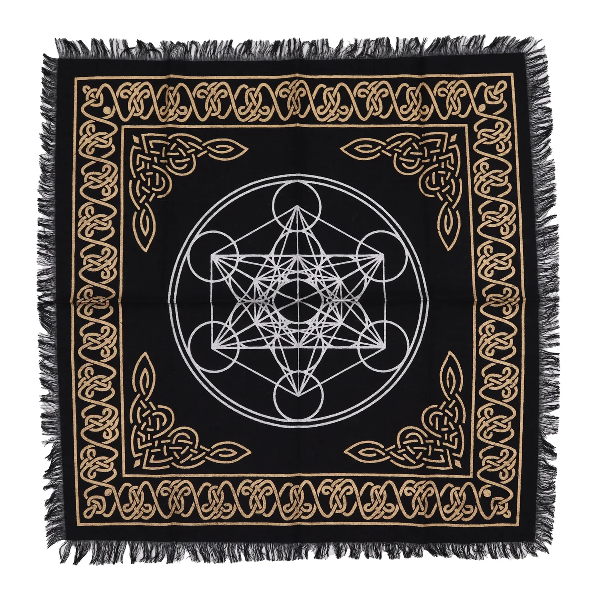 Esoteric altar cloth with fringed edges featuring a colorful chakra chart design on fabric background