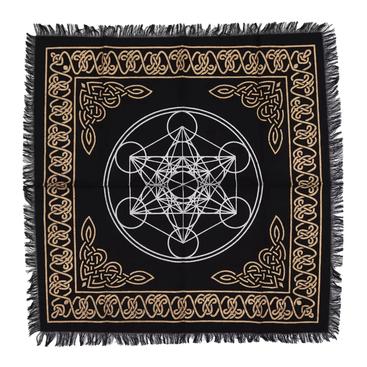 Esoteric fringed altar cloth with colorful chakra chart design, spiritual wall hanging for meditation spaces