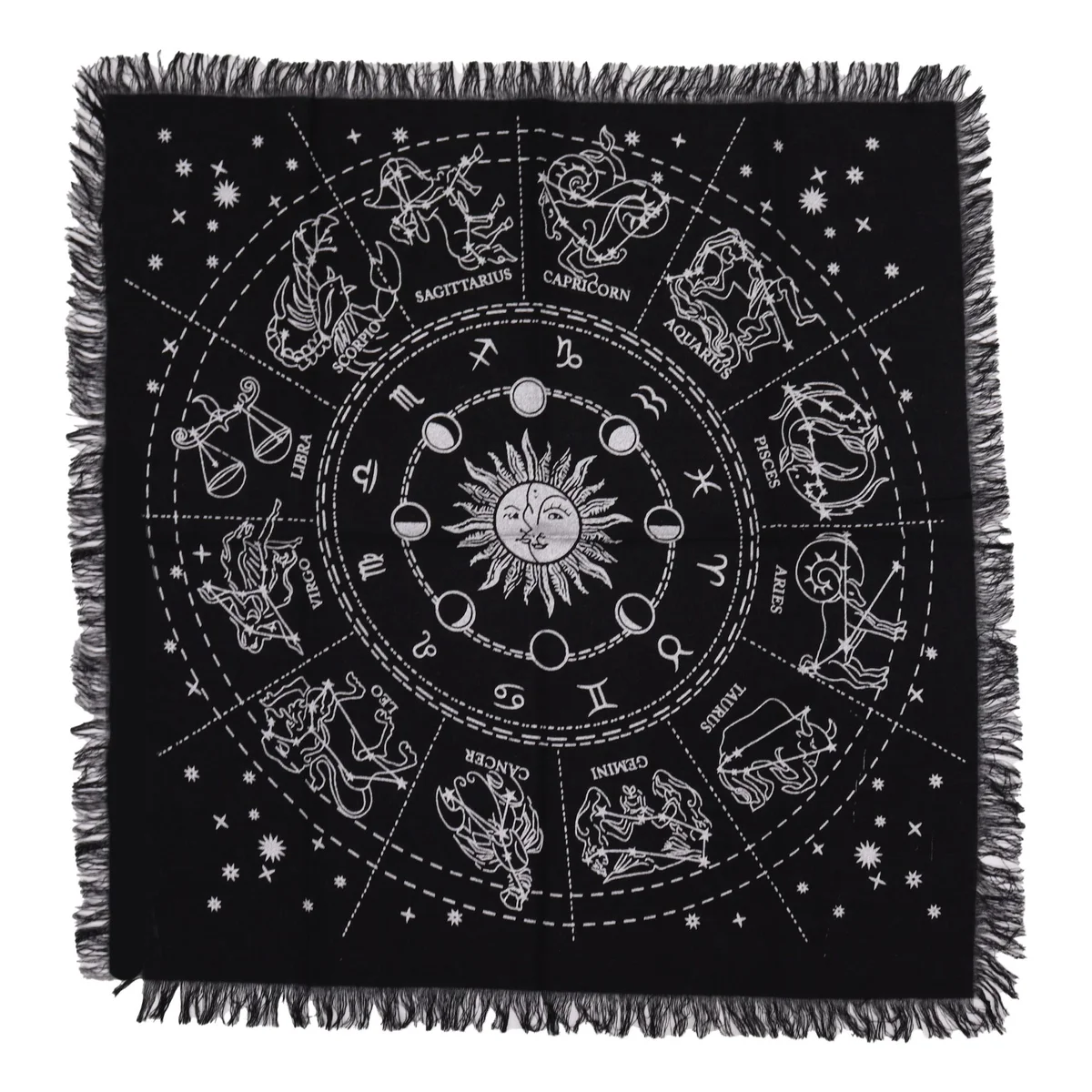 Esoteric altar cloth with fringed edges featuring horoscope symbols on a decorative fabric background