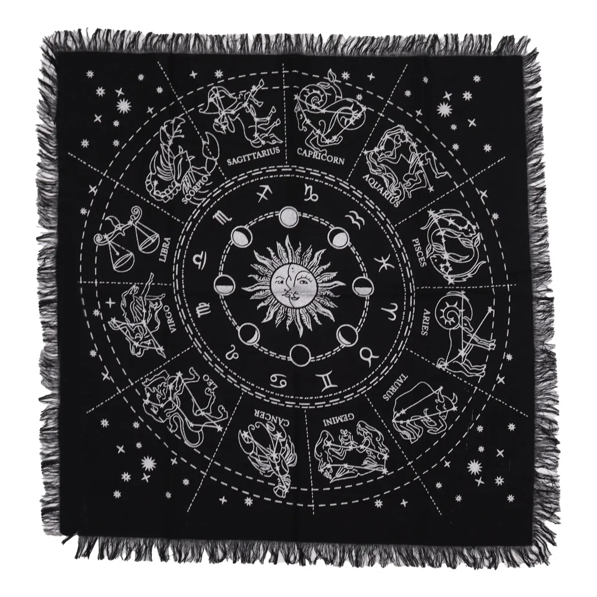 Fringed altar cloth featuring horoscope symbols and esoteric design elements on fabric with decorative edges
