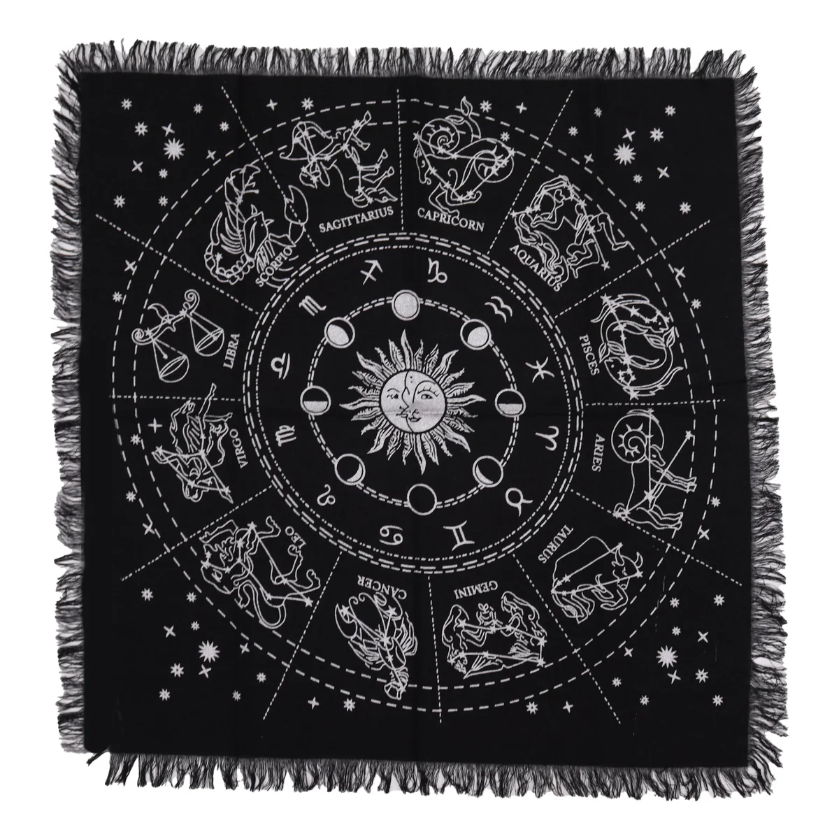 Horoscope altar cloth with esoteric symbols and fringed edges laid flat showing detailed design