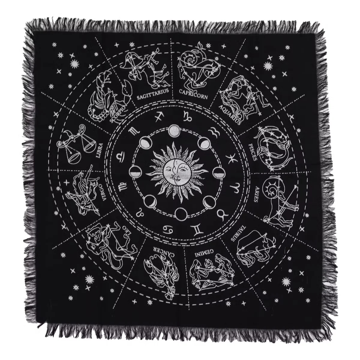 Esoteric fringed altar cloth with horoscope design, ideal for esoteric home decor and spiritual spaces