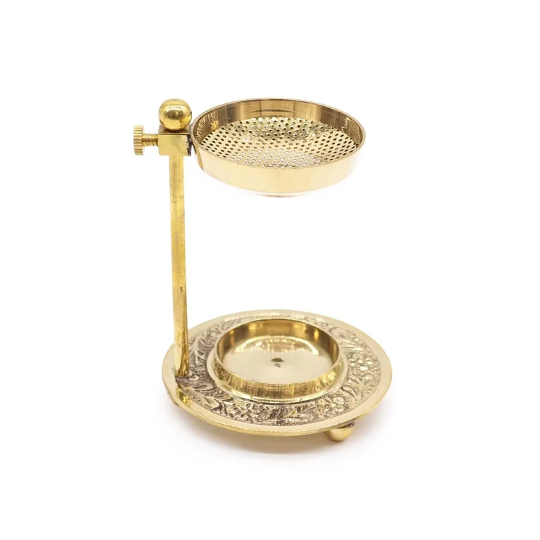 Adjustable brass incense warmer with a resin holder, matte finish and sleek design.