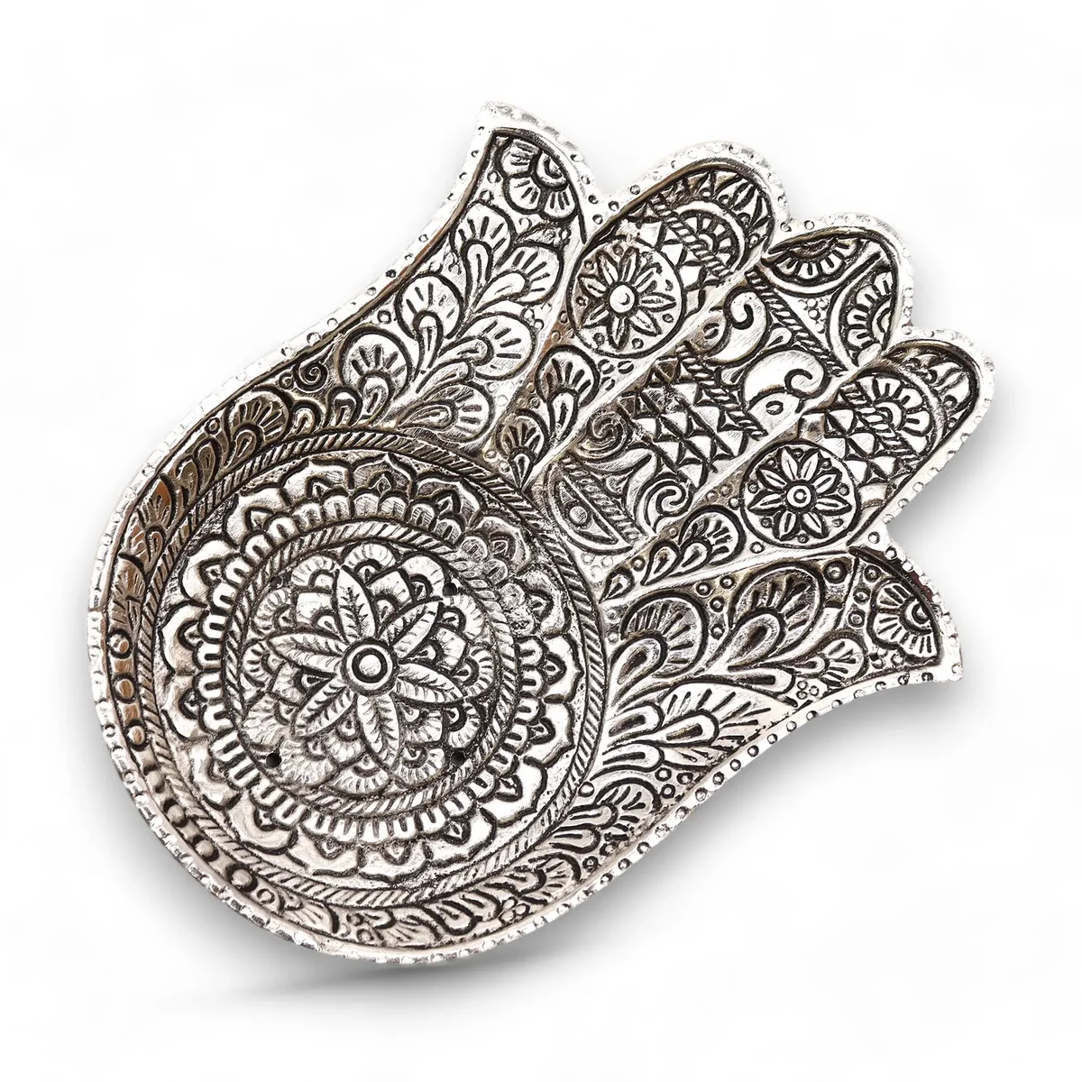 Polished aluminium incense holder shaped like a large Hamsa hand with a smooth reflective finish