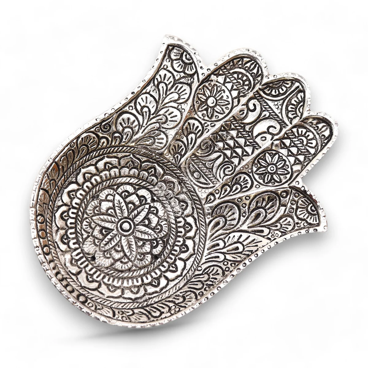 Polished aluminium large hamsa incense holder with smooth reflective surface and intricate hand-shaped design