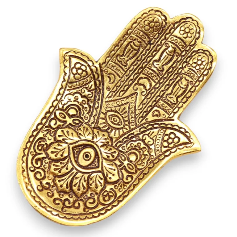 Gold aluminium hamsa incense holder, small size, ornate geometric design.