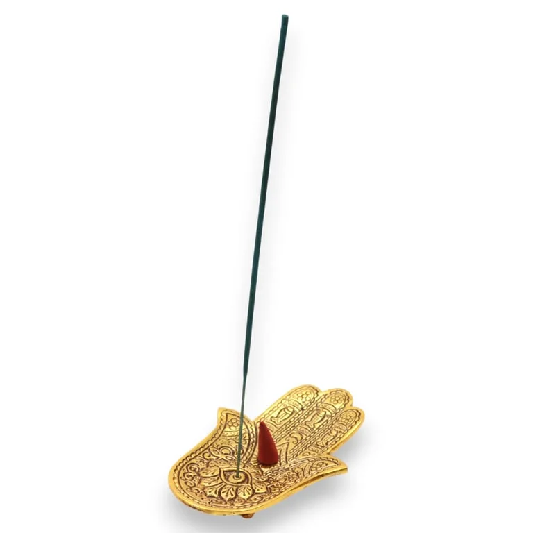 Gold incense holder made from aluminium, small hamsa design, ornate hand symbol