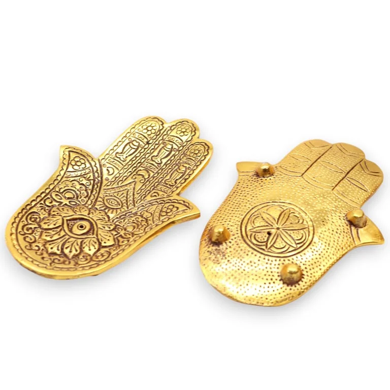 Gold aluminium small hamsa incense holder with detailed hand design