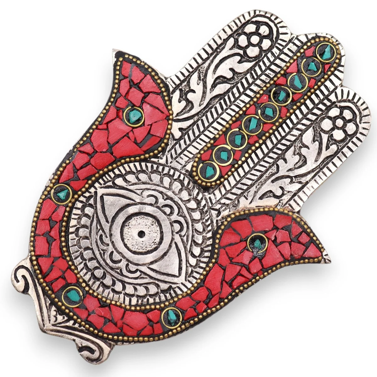 Red and green small Hamsa incense holder with intricate design for burning incense sticks safely