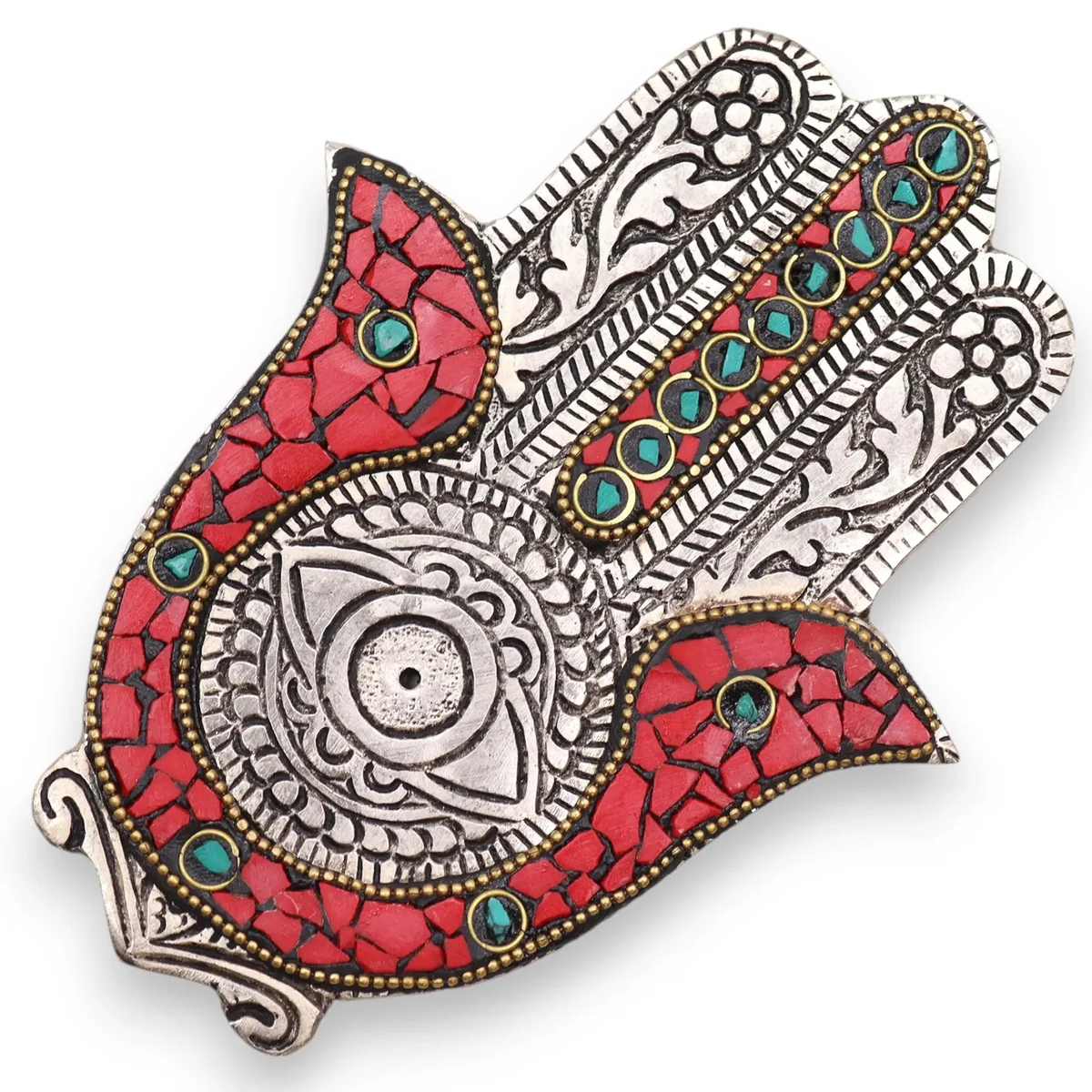 Red and green small Hamsa small incense holder with intricate design on white background
