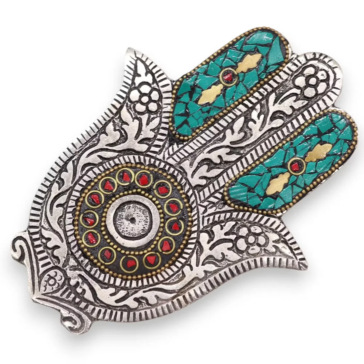 Green small Hamsa decorative incense holder with intricate hand design and incense stick slot on wooden surface